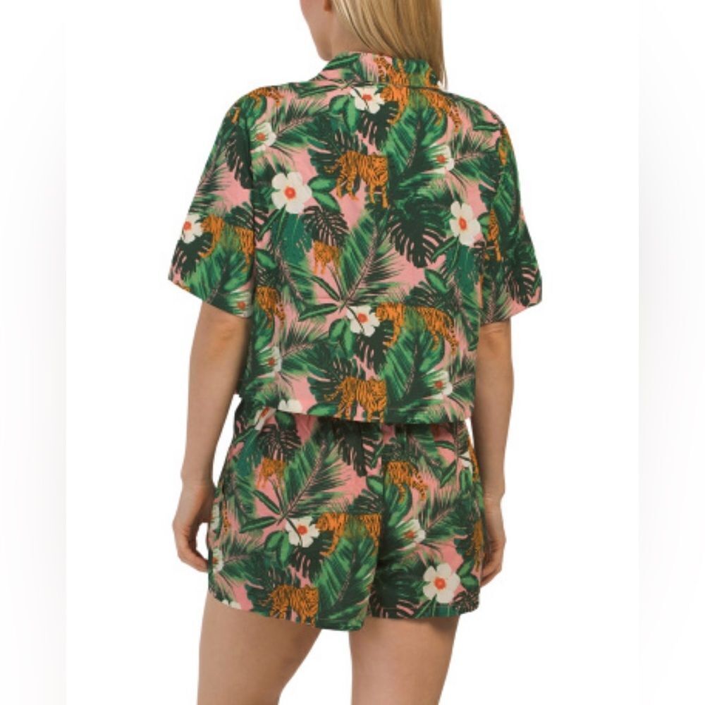 Cynthia Rowley M-L Green Orange Tropical Jungle Tiger Cropped Top & Short PJ Set - Picture 2 of 16